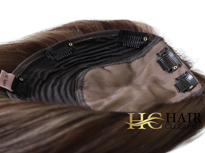 16” 6x7” Human Hair Silk Base Injection Topper #4h8 Chocolate Brown Light Brown Highlights - Image 2