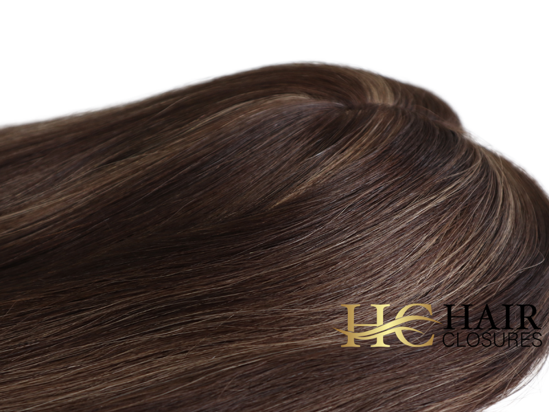 16” 6x7” Human Hair Silk Base Injection Topper #4h8 Chocolate Brown Light Brown Highlights - Image 4