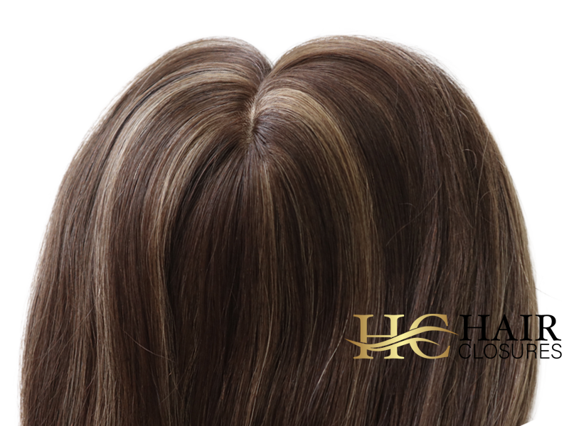 16” 6x7” Human Hair Silk Base Injection Topper #4h8 Chocolate Brown Light Brown Highlights - Image 3
