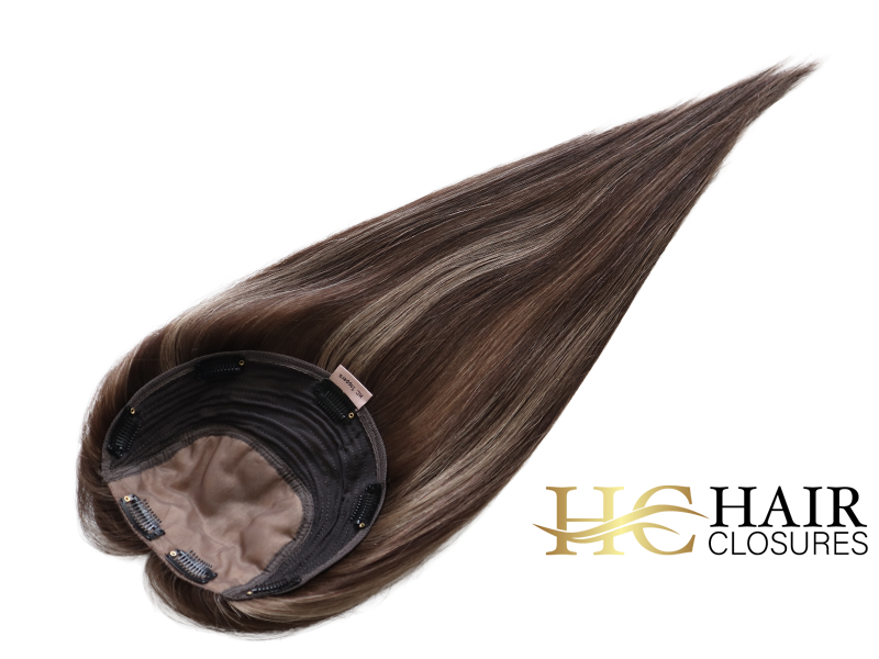 16” 6x7” Human Hair Silk Base Injection Topper #4h8 Chocolate Brown Light Brown Highlights - Image 5